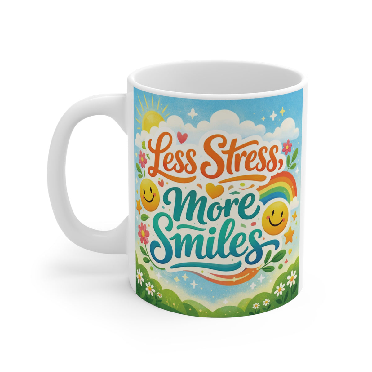 Colorful inspirational coffee mug displaying "Less Stress More Smiles" quote surrounded by cheerful flowers, rainbow, and happy smiley faces.