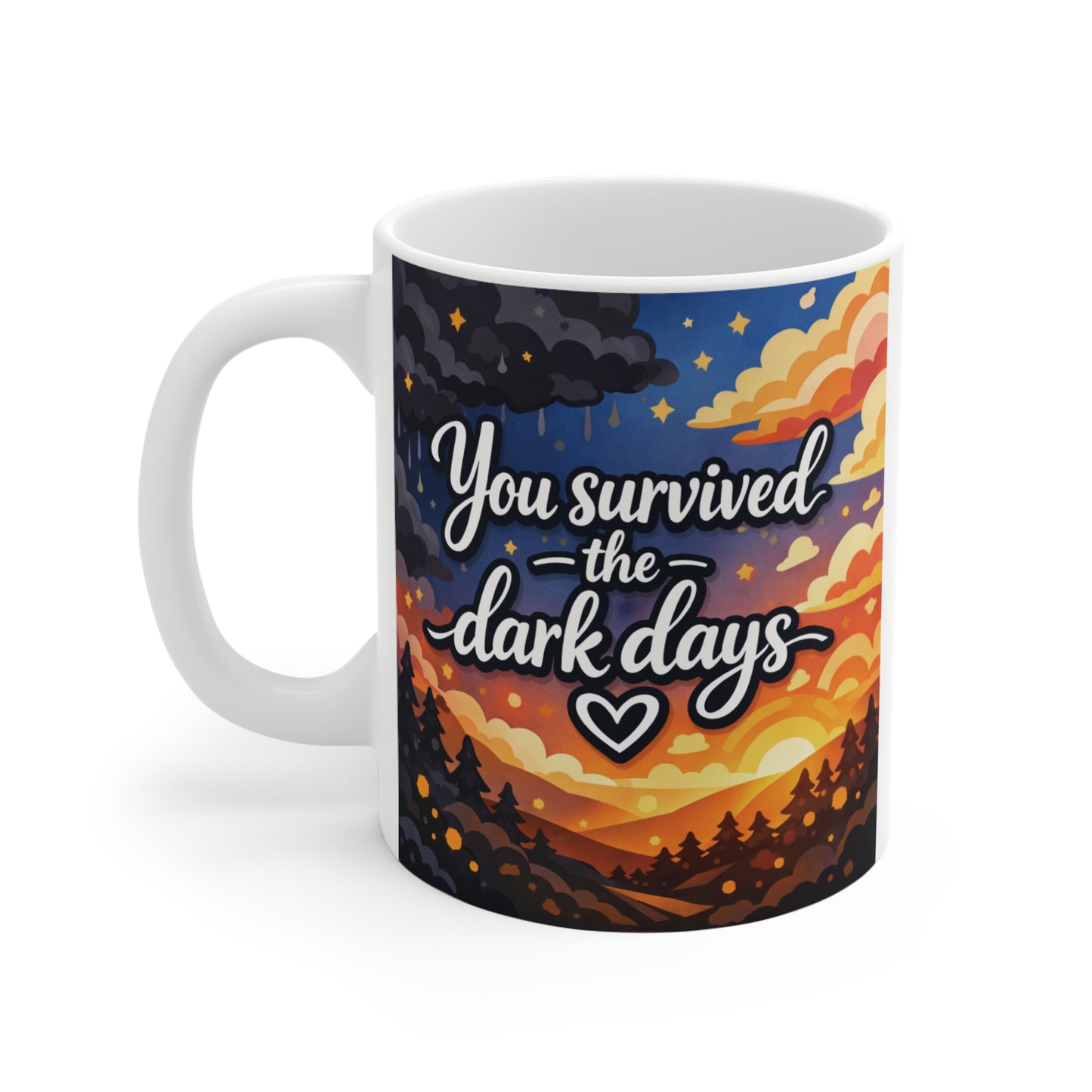 Positive affirmation mug with artistic sunset landscape design for daily inspiration