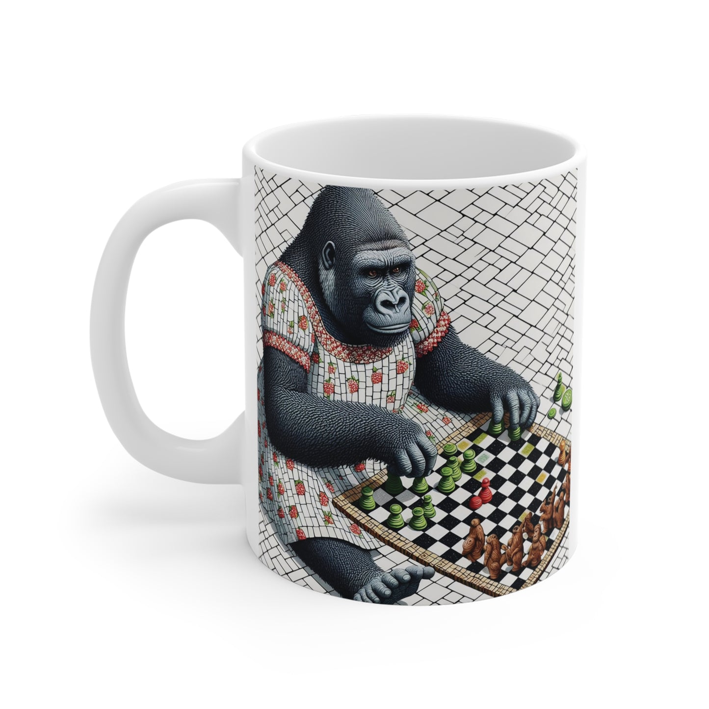 Artistic gorilla chess mug design showing a gorilla in patterned clothing playing chess, creative animal-themed coffee cup gift