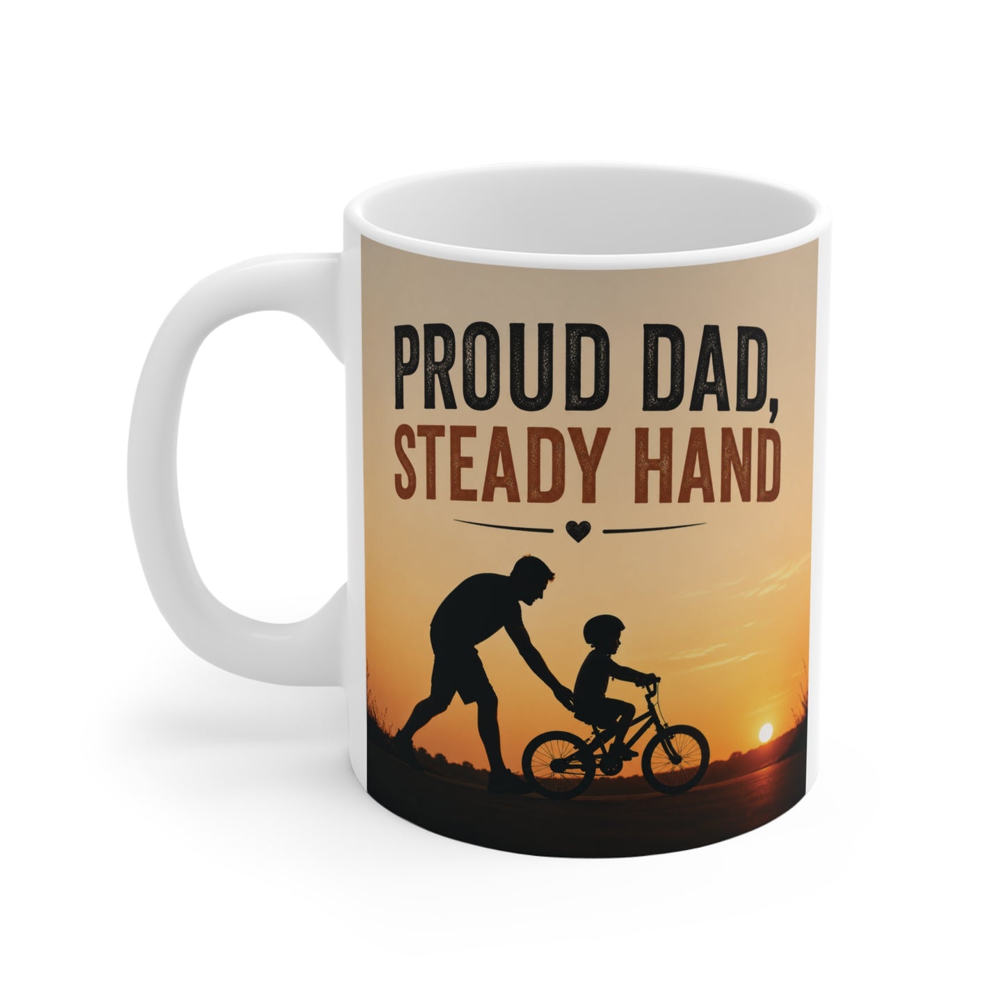 Sentimental dad mug showing parent guiding child on bicycle, perfect gift for new dads and fathers