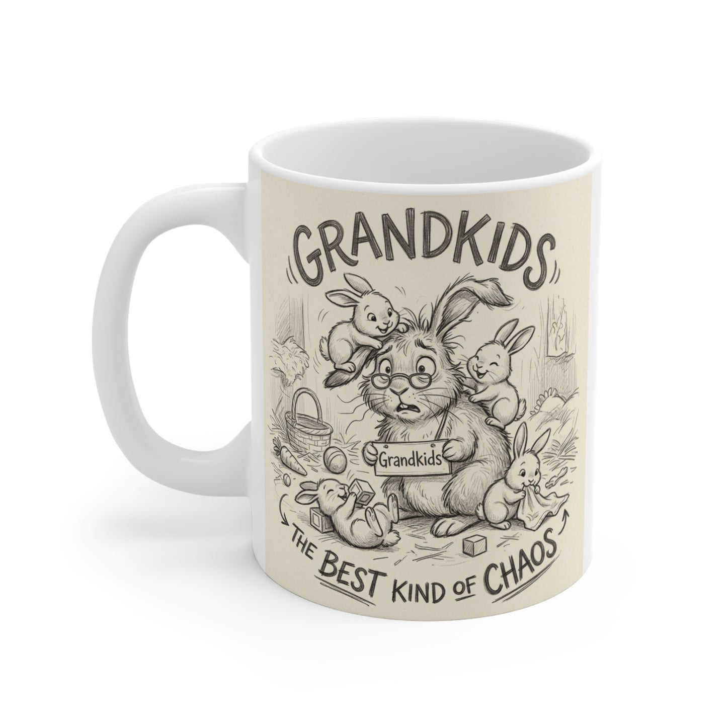 White ceramic coffee mug with adorable bunny artwork celebrating grandparents and their grandkids.
