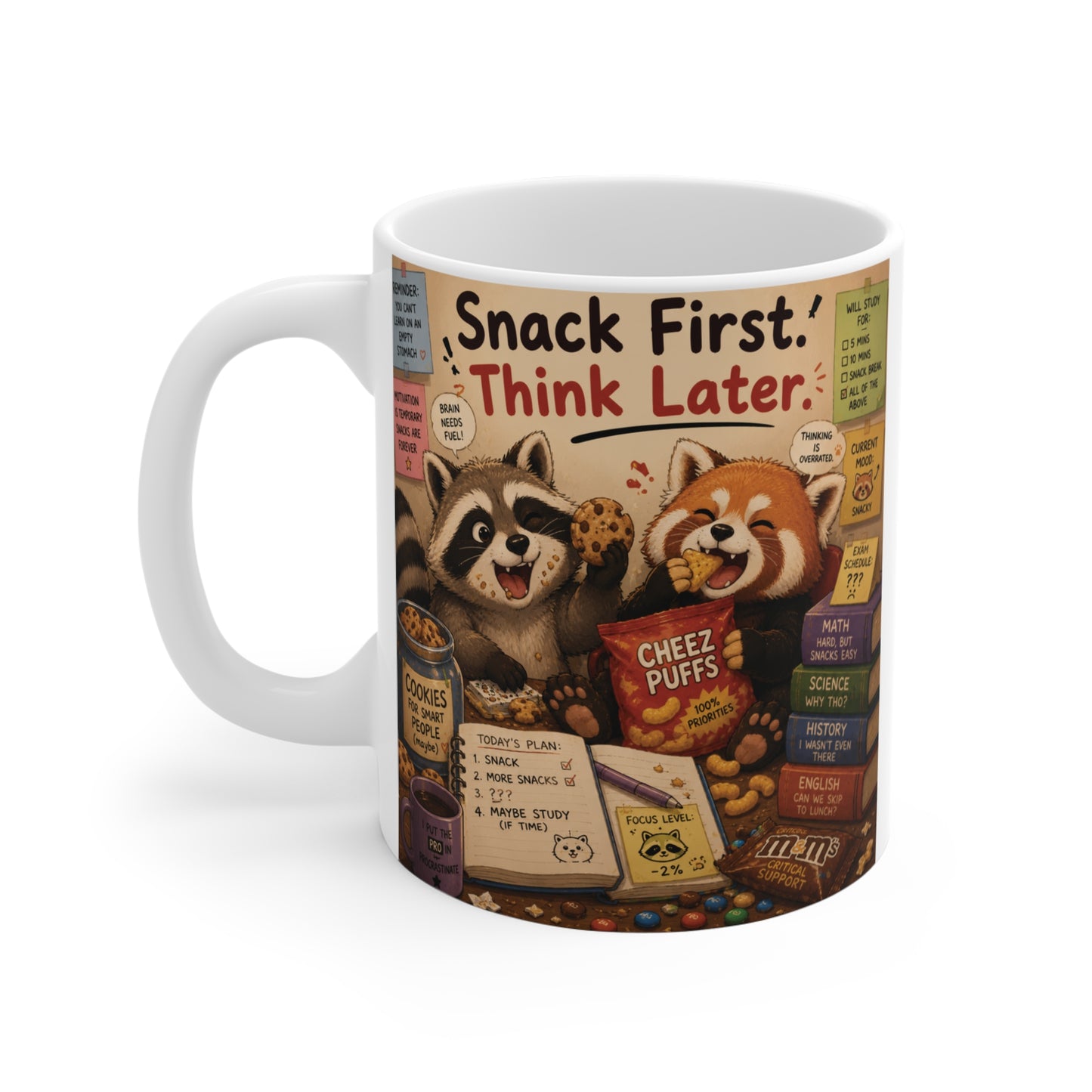 Cozy aesthetic 11oz mug featuring raccoon, red panda, and snack-themed artwork