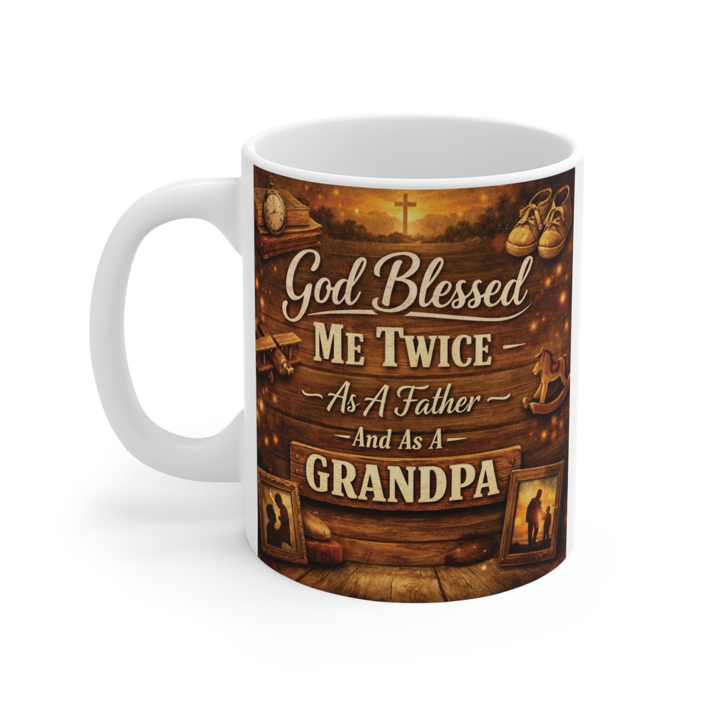 Inspirational Christian coffee mug for grandpa with rustic wood background and heartfelt father and grandfather blessing quote.