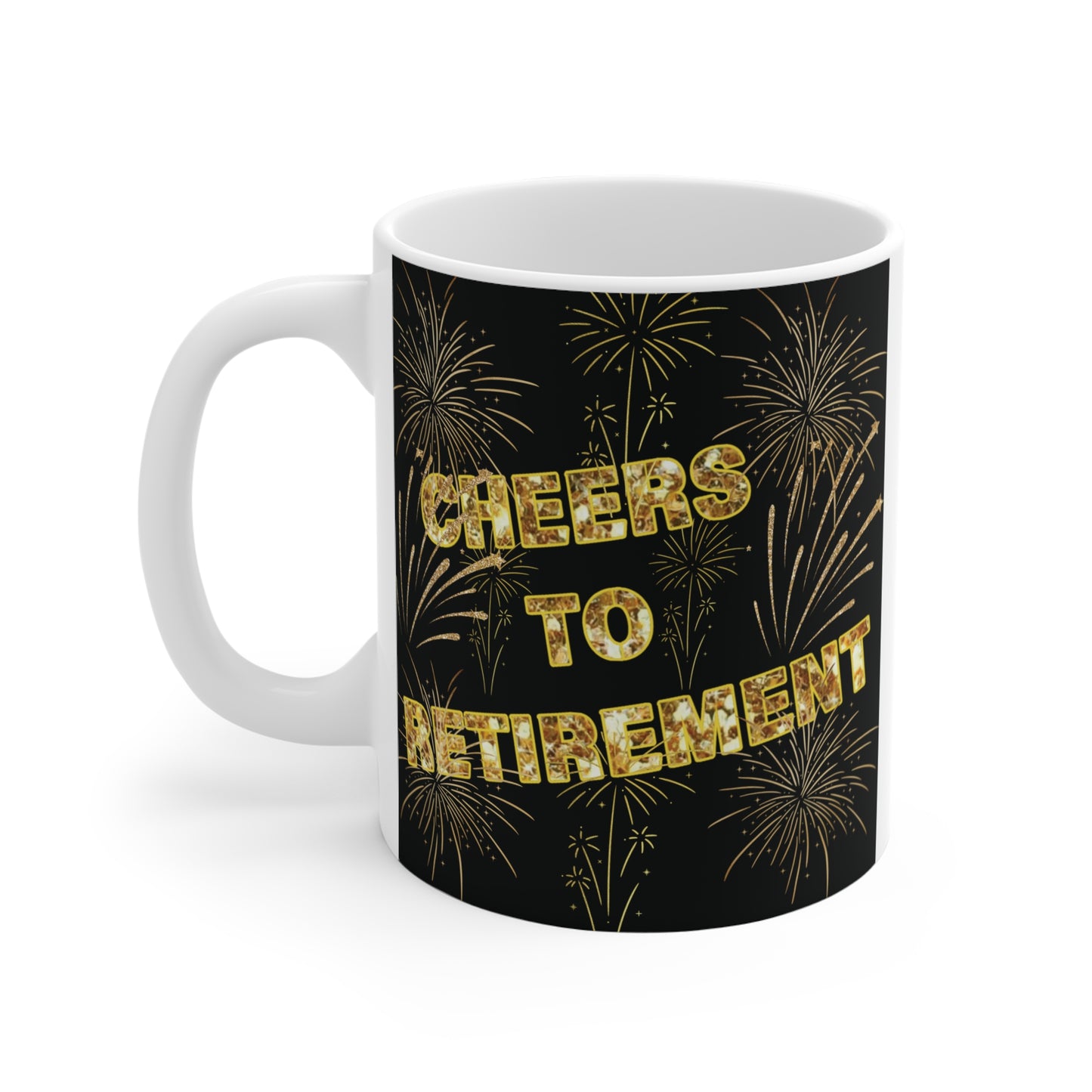 Retirement party coffee mug featuring “Cheers to Retirement” message with fireworks design