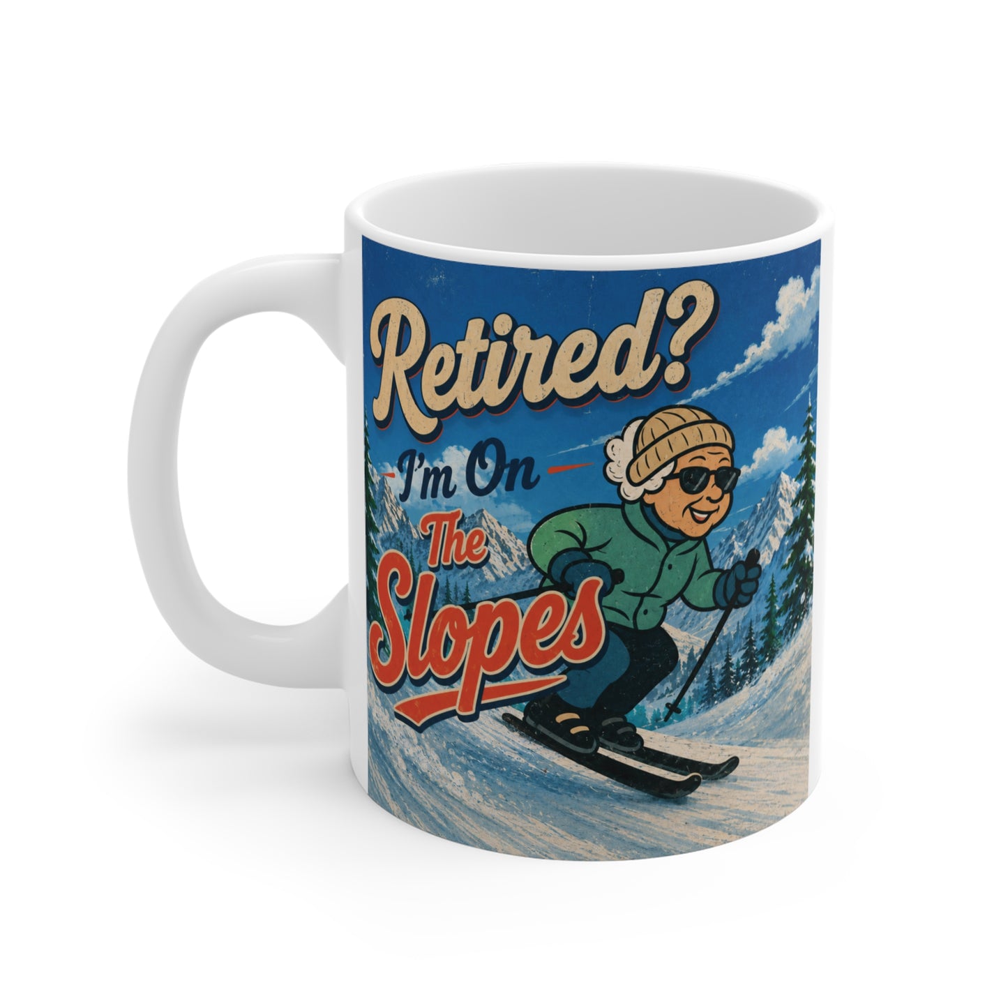 Colorful winter ski mug featuring an adventurous retired grandma skiing down snowy mountain slopes.