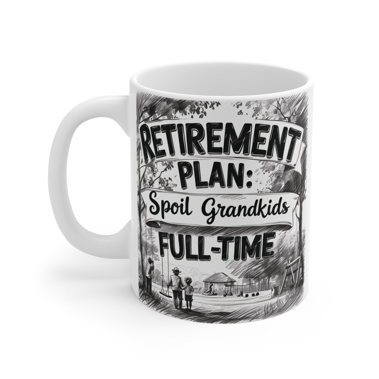 Retirement gift mug for Grandma or Grandpa with playful grandparent quote and vibrant outdoor artwork.