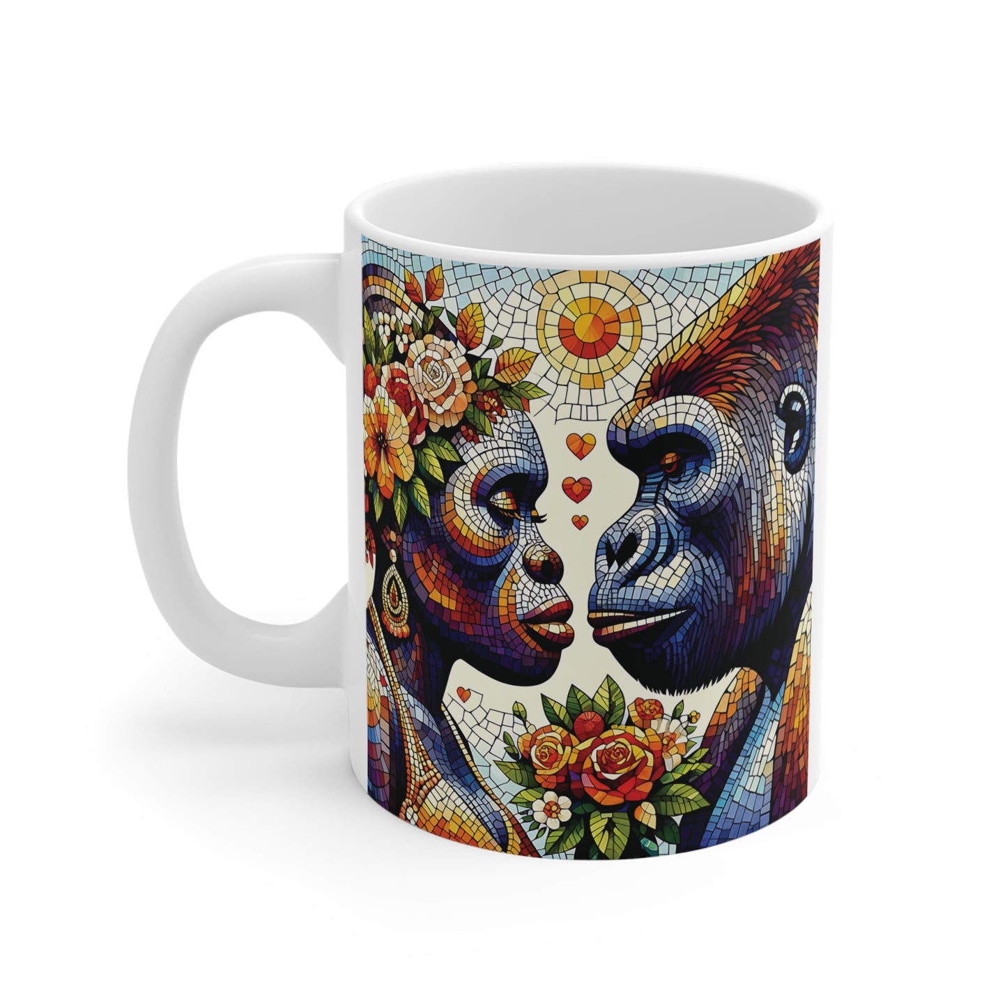 Colorful stained glass style gorilla mug featuring floral patterns and romantic jungle artwork, artistic coffee cup for animal lovers
