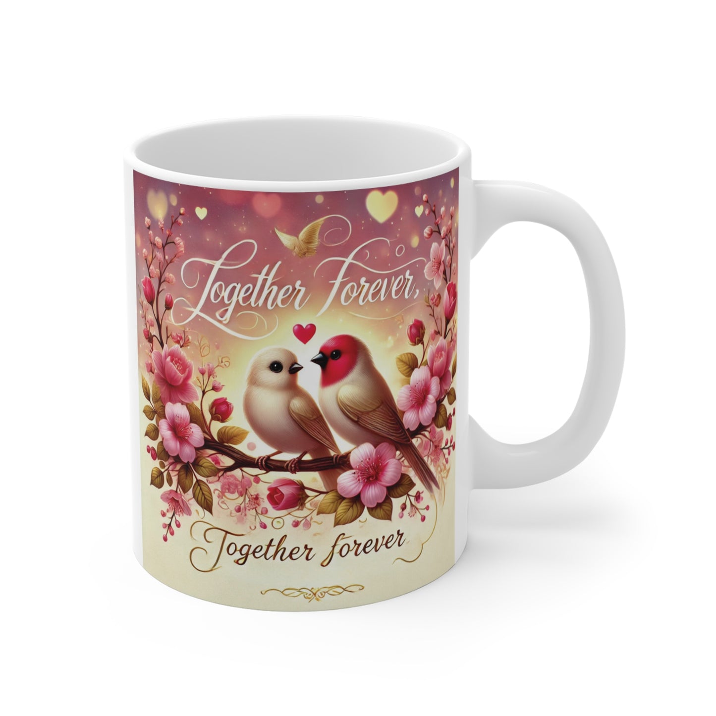 Together Forever" themed mug with a colorful illustration of two small birds on a flowering branch with pink roses and golden heart accents.