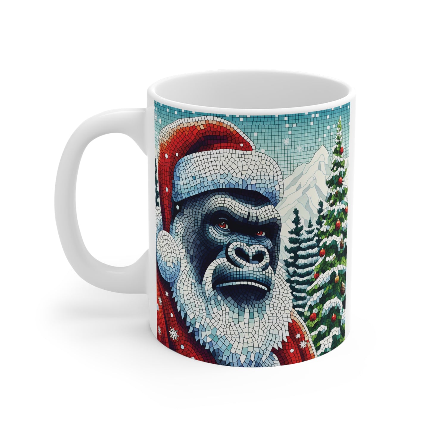 Holiday ceramic mug showcasing a gorilla wearing a Santa hat and beard in a mosaic art style with Christmas trees and snowy background.
