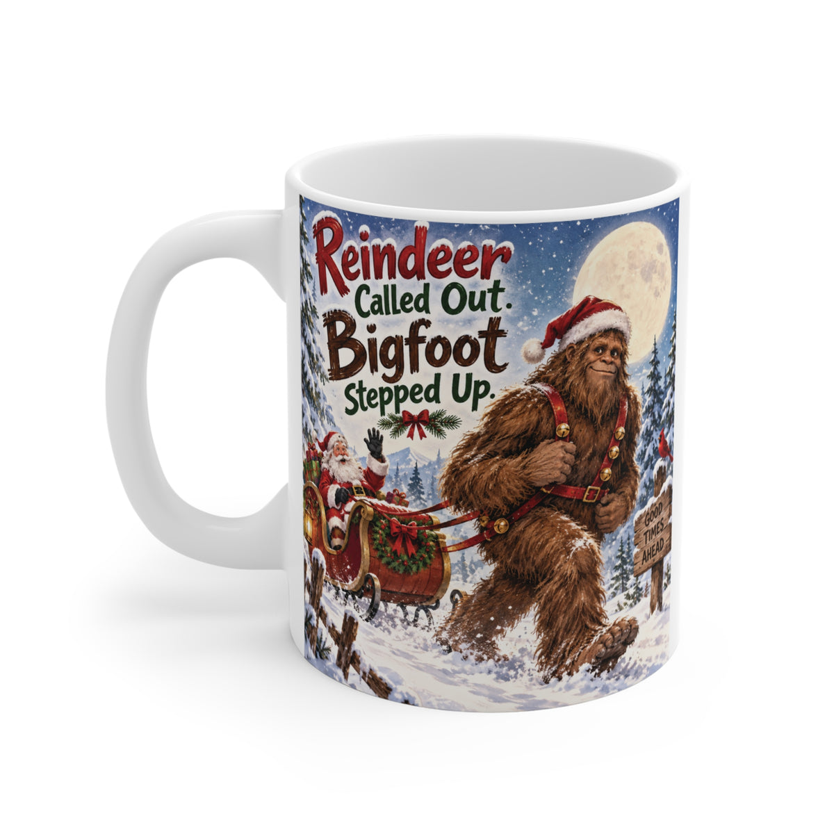 11oz Sasquatch Christmas mug featuring festive Bigfoot pulling Santa’s sleigh, funny holiday gift for Bigfoot and cryptid lovers
