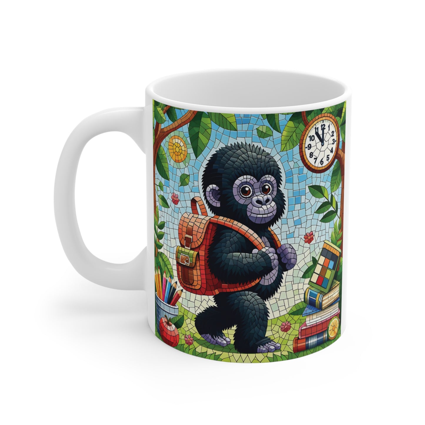 Whimsical gorilla coffee mug with vibrant stained-glass mosaic design, featuring educational themes including books, school supplies, and nature elements.