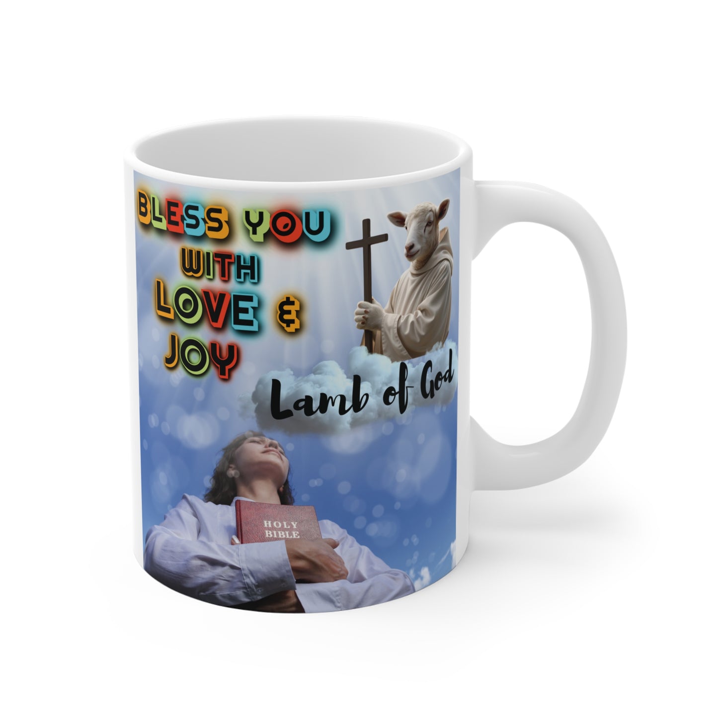 Religious coffee mug featuring Lamb of God, cross, and inspirational blessing text, Christian gift idea
