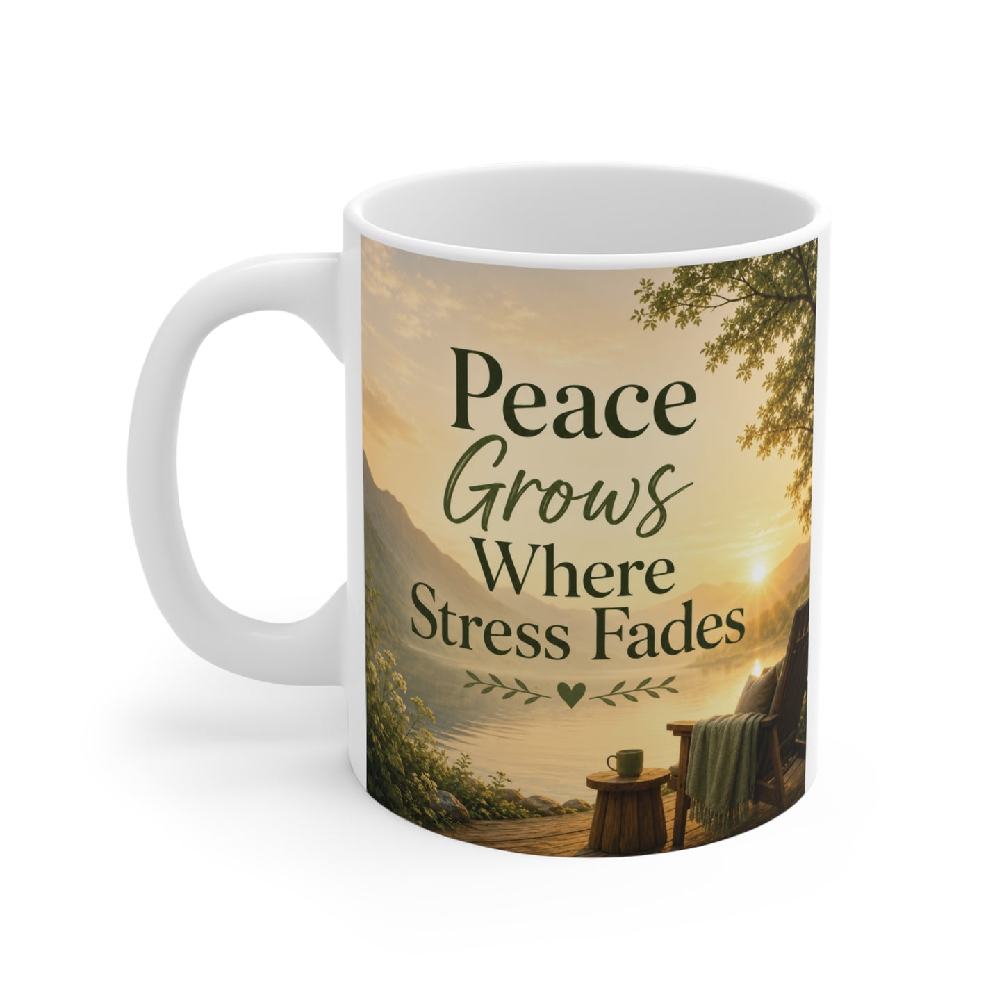 Peaceful aesthetic mug with inspirational typography and relaxing mountain lake scenery
