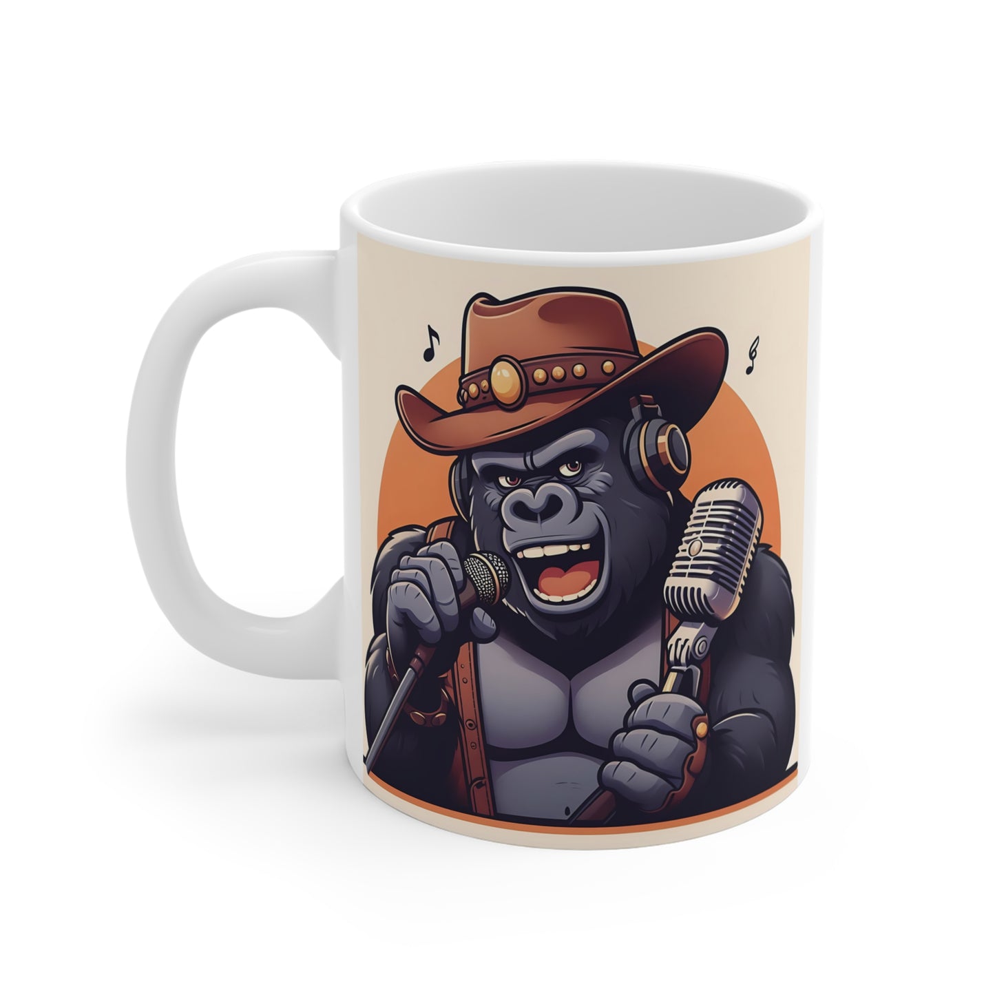 Creative cartoon gorilla mug design showing an ape vocalist with a cowboy hat, studio microphone, and musical notes on a stylish white ceramic mug.