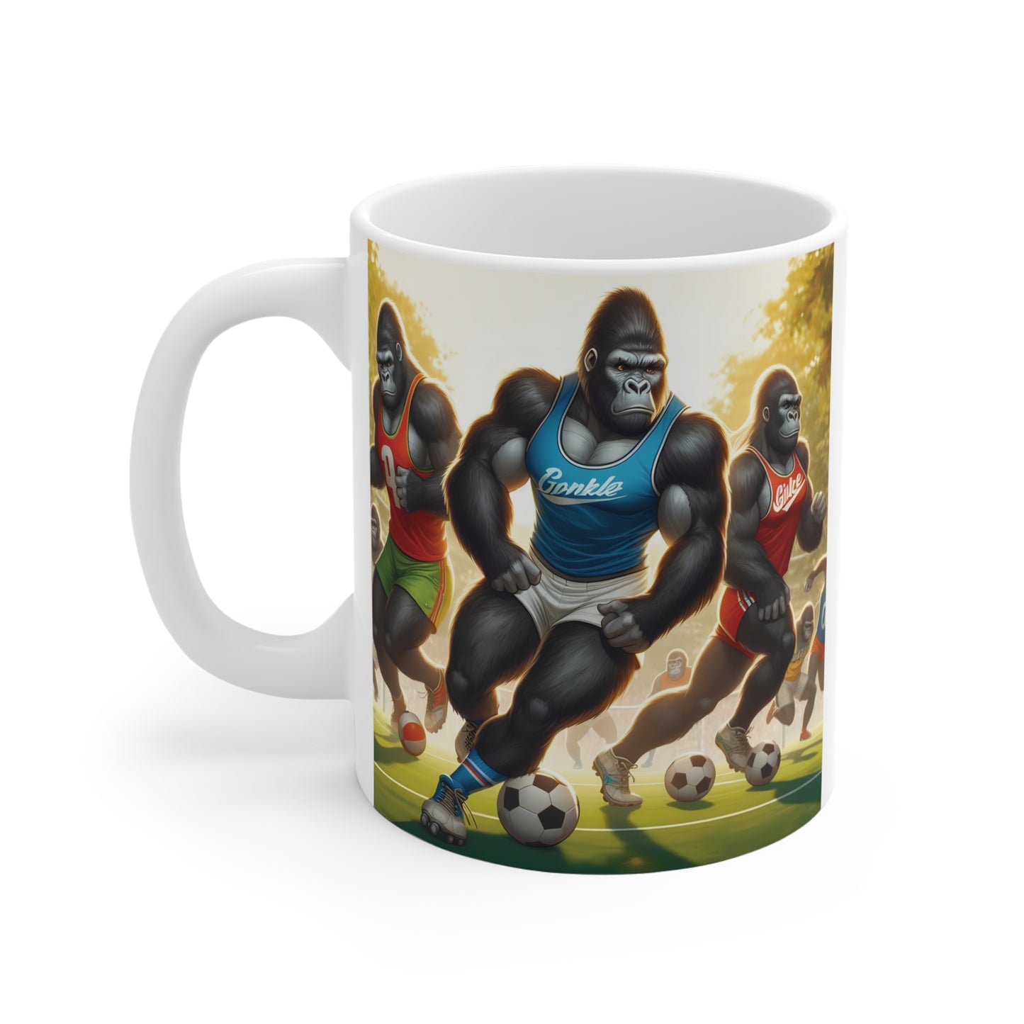 Soccer gorilla coffee mug with muscular ape athletes dribbling footballs, unique sports-themed ceramic mug gift design