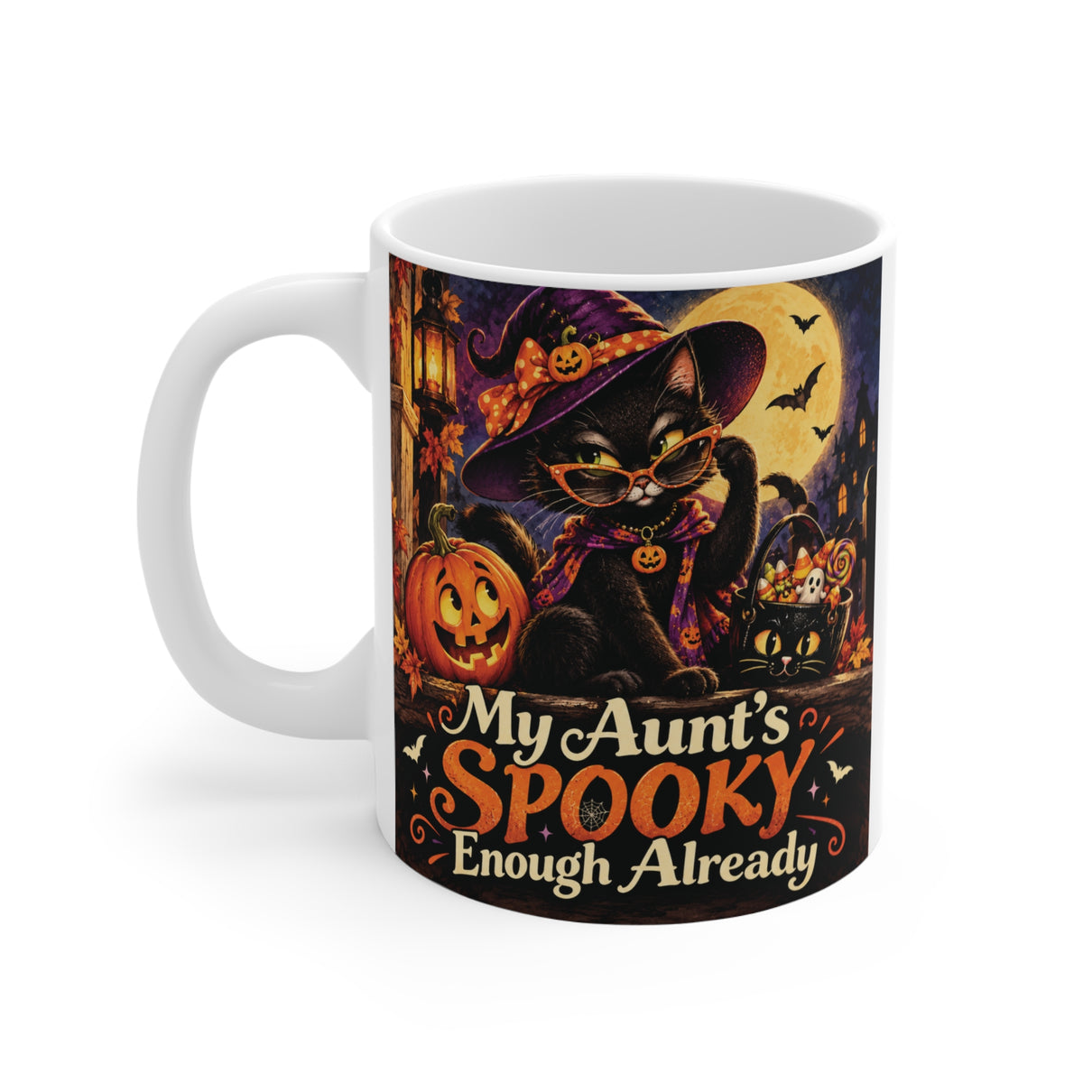 Spooky aunt Halloween 11oz mug featuring a cute black cat witch and pumpkin artwork, fun Halloween gift for an aunt and cat lover.