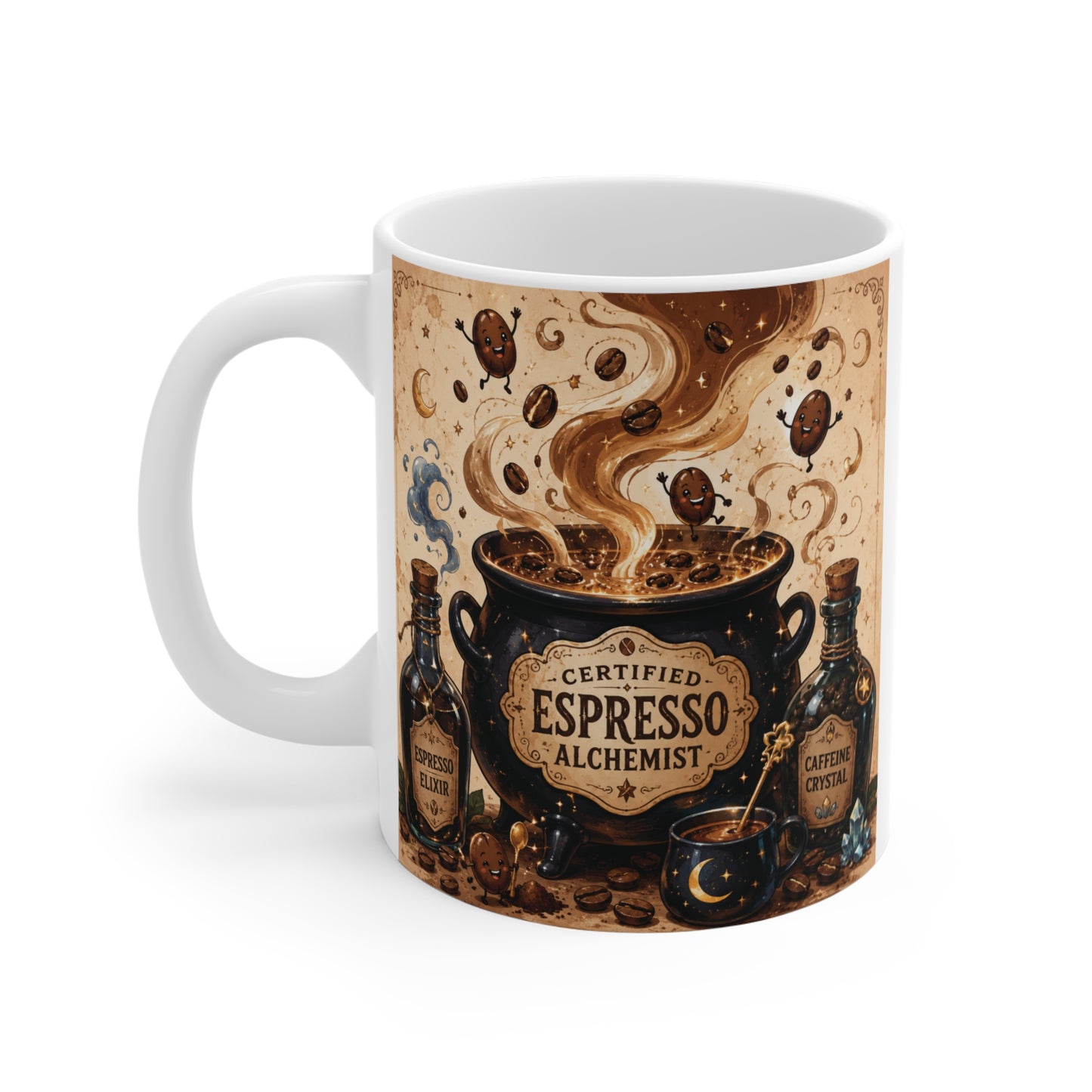 Unique Halloween coffee lover mug showcasing a mystical espresso cauldron, enchanted coffee beans, vintage potion bottles, and Certified Espresso Alchemist artwork on an 11oz ceramic mug.