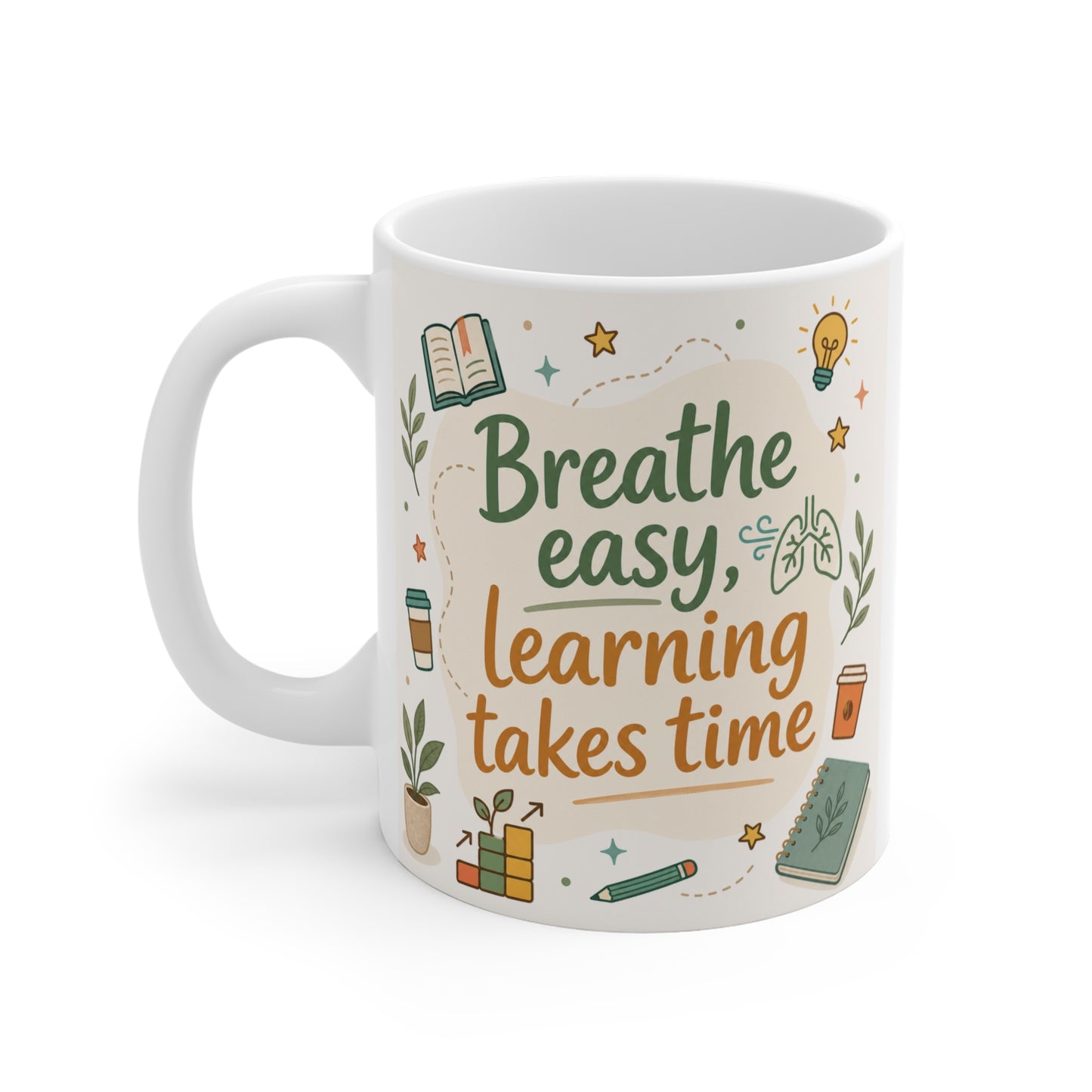 Inspirational coffee mug for students and teachers with calming design and learning quote, ideal back to school or study motivation gift