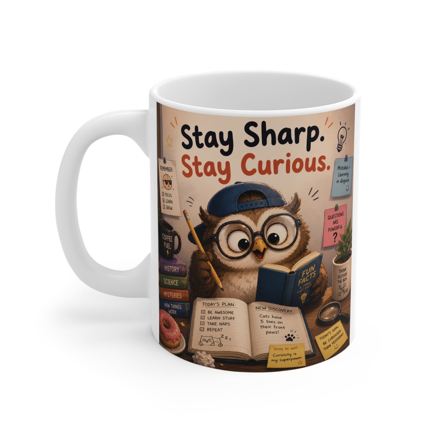 Funny owl coffee cup for students teachers and book lovers with cute reading design