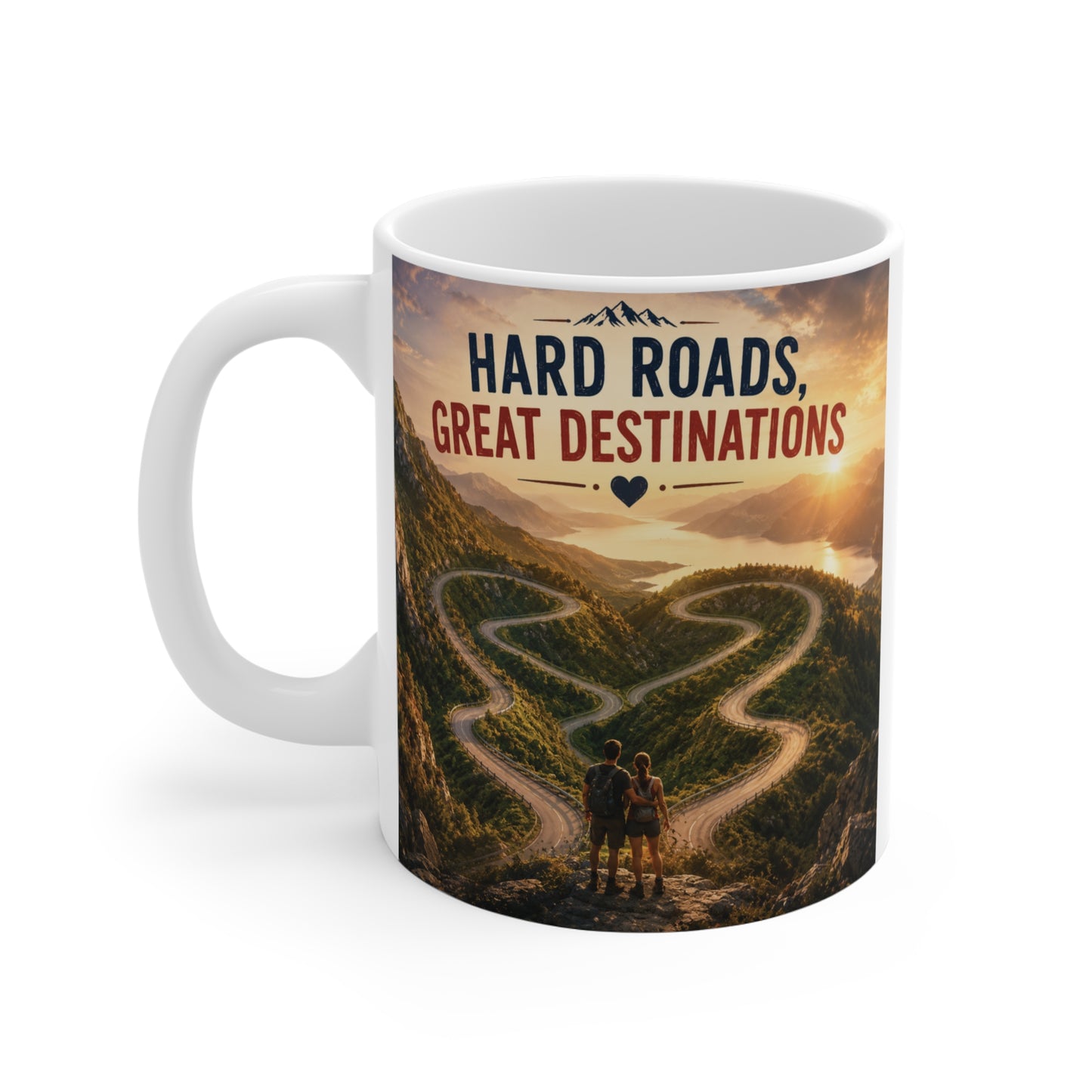 Inspirational coffee mug with dramatic landscape artwork showing a challenging winding path toward the horizon and the quote "Hard Roads Great Destinations," ideal for entrepreneurs and personal growth enthusiasts.