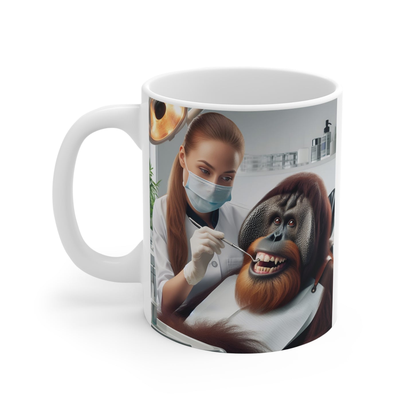 Humorous animal dentist mug featuring orangutan patient and dentist in clinic, unique novelty gift idea
