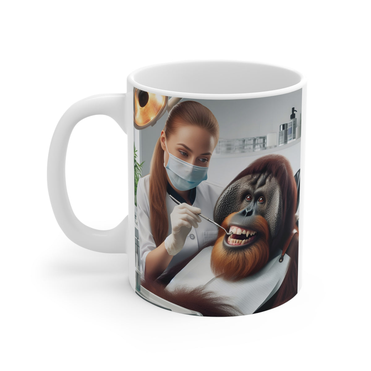 Humorous animal dentist mug featuring orangutan patient and dentist in clinic, unique novelty gift idea