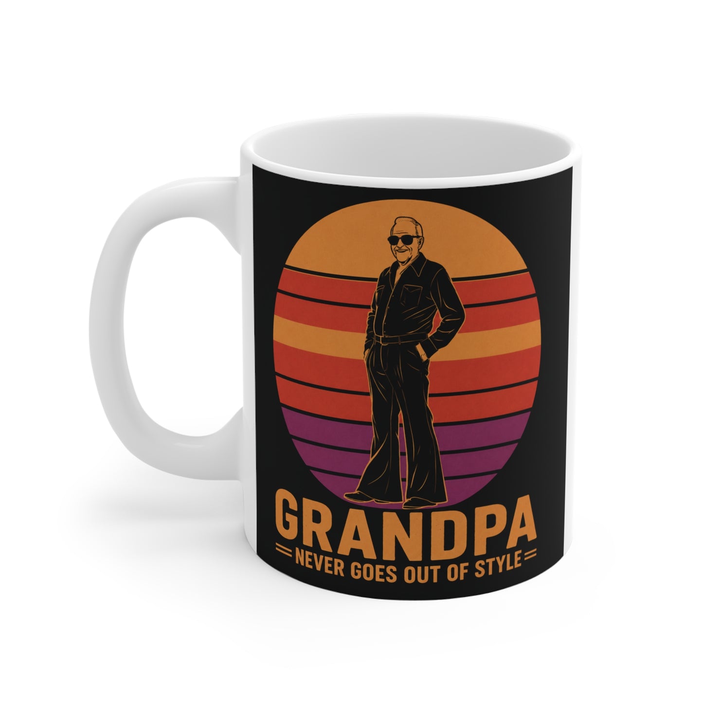 Black ceramic mug featuring a vintage sunset background, fashionable grandpa graphic, and Grandpa Never Goes Out Of Style typography.