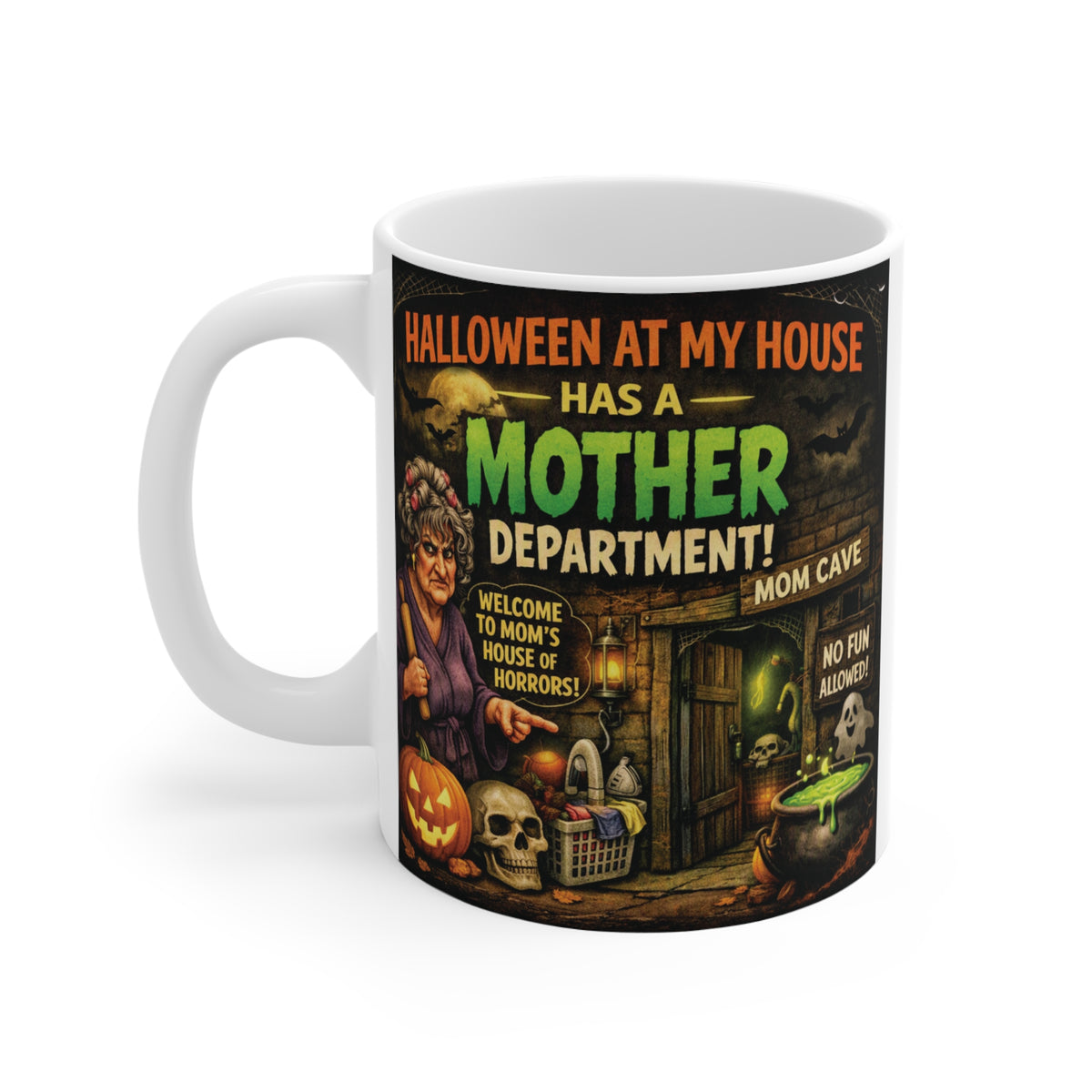 11oz vintage Halloween coffee mug for Mom featuring Mother Department typography, jack-o’-lanterns, skulls and detailed retro spooky artwork.