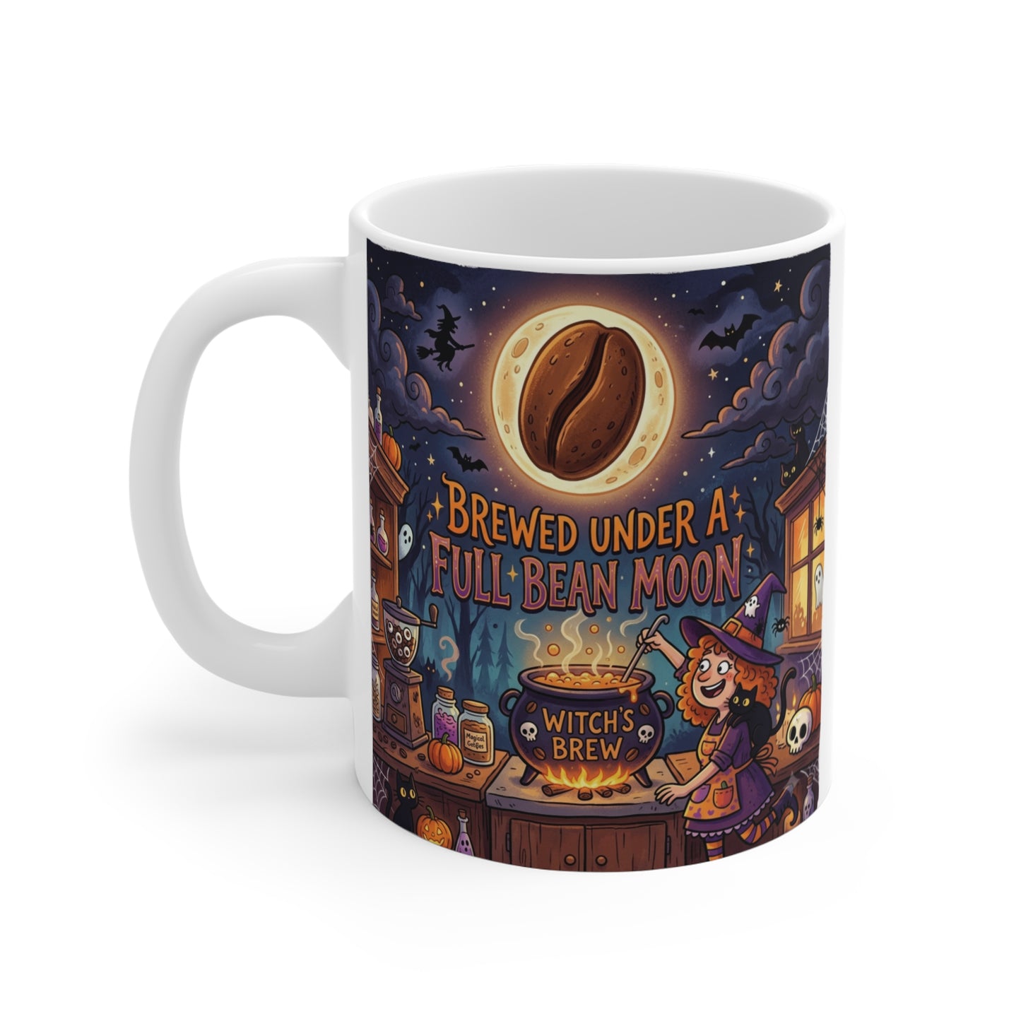 Funny Halloween coffee mug with "Brewed Under a Full Bean Moon" design, featuring a magical coffee bean moon, cute witch, autumn village, and spooky fall coffee lover artwork on an 11oz ceramic mug.