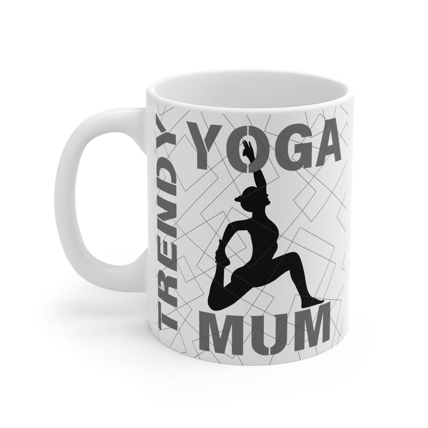 Gift for yoga lovers: A "Trendy Yoga Mom" coffee mug with a yoga silhouette and modern geometric design.