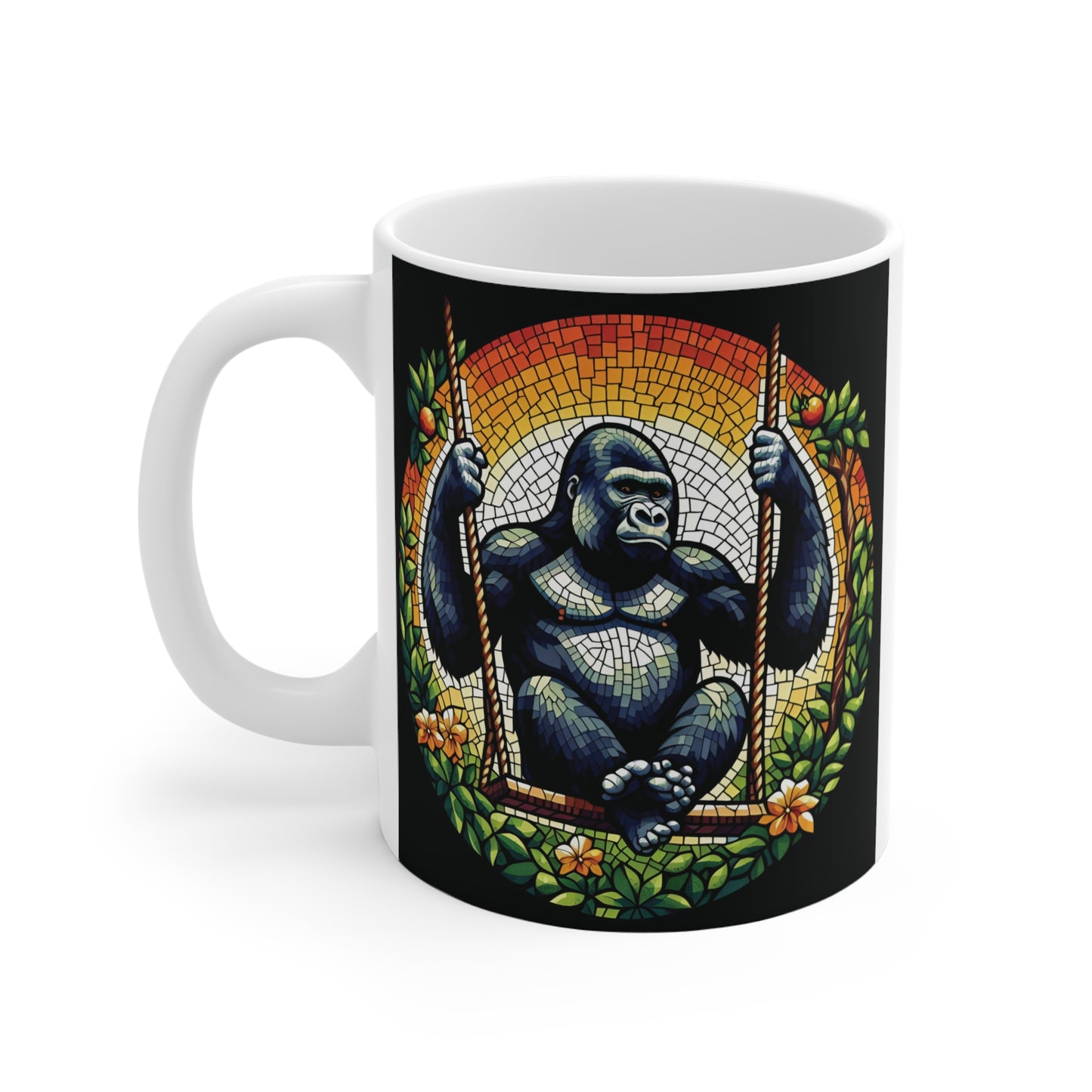 Majestic gorilla seated on a swing with colorful mosaic patterns, floral accents, and jungle greenery featured on a decorative coffee mug.