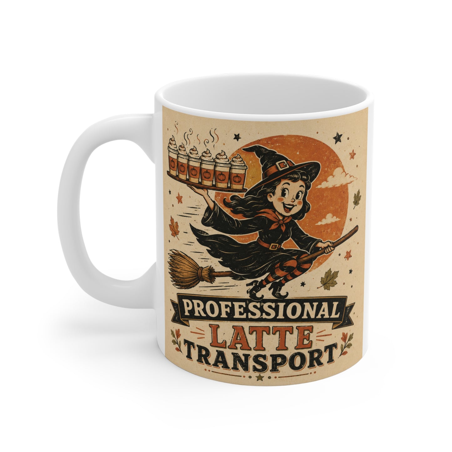 Cute autumn ceramic coffee cup with vintage witch broomstick illustration and Professional Latte Transport banner.