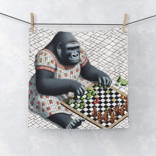 Our whimsy "Female Gorilla Chess Face Towel" is ideal for face washes, gym workouts, or travel. A practical towel in your bathroom with mosaic elegance of a gorilla engaged in a game of chess. A towel for personal use. Gift for friends and family who love artistic home accessories. BUY NOW! (SK Superb)