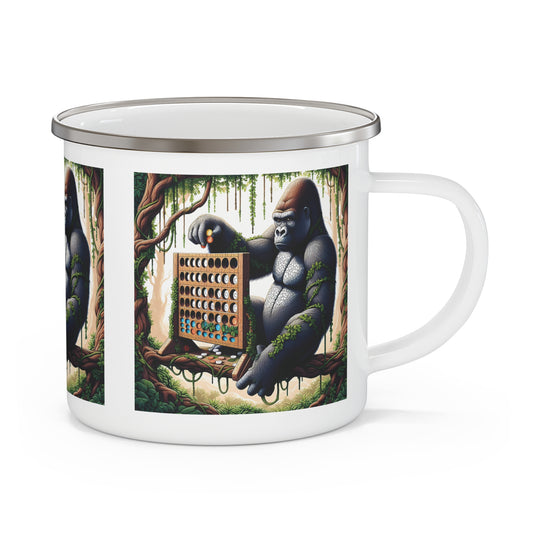 Discover the perfect enamel camping mug for outdoor adventures with a unique design featuring a playful gorilla playing a game in a jungle setting. Ideal for campers, hikers, and nature lovers. Get ready for your next adventure with this fun and functional gorilla enamel mug! BUY NOW! (SK Superb)