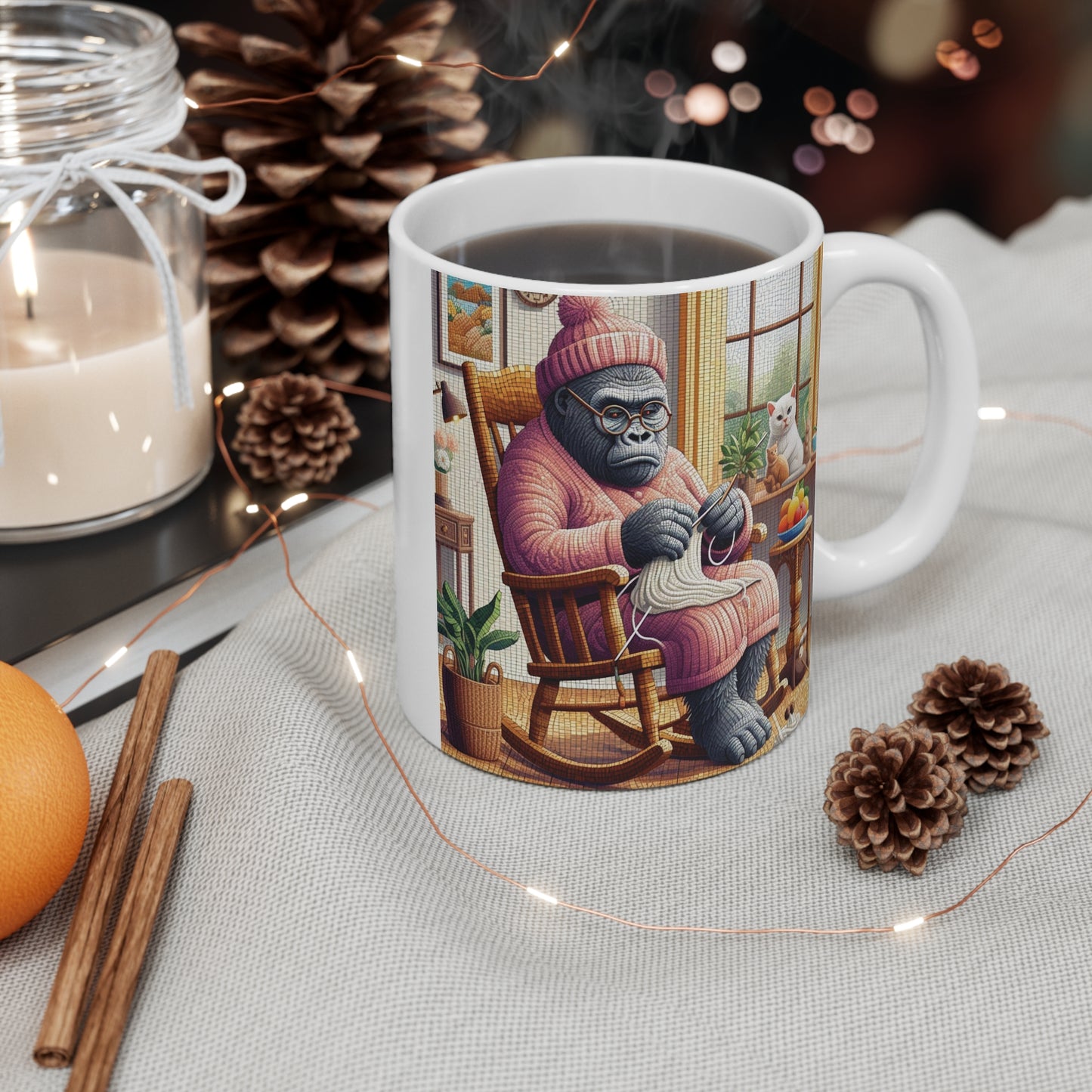 Cozy Grandma Gorilla Knitting 11oz Mug with Kitty's Companion - Gift for Grandma