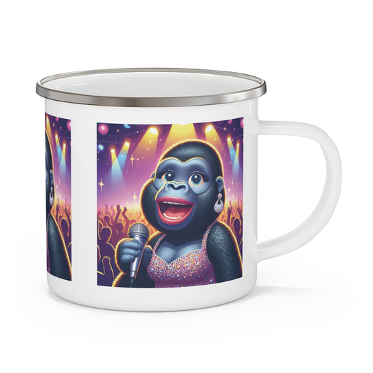 Enjoy your drinks in style with this Glamorous Singing Gorilla Enamel Camping Mug! A fun gorilla performer design mug perfect for outdoor adventures, camping, hiking, or daily use. Ideal gift for music, outdoor lovers and anyone who appreciate playful, unique animal design. BUY NOW! (SK Superb)