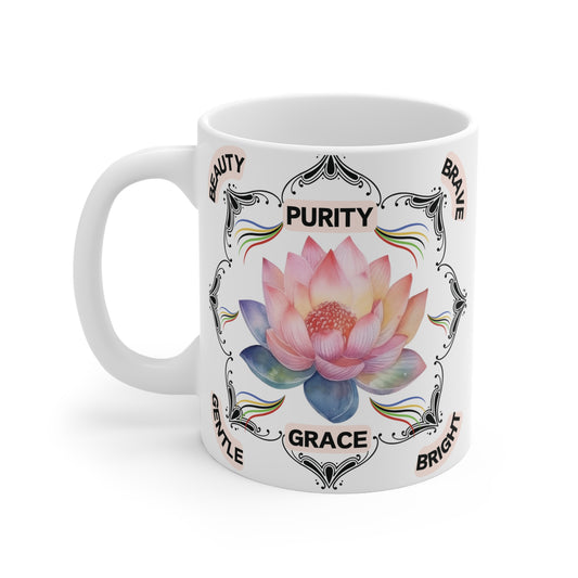 Enjoy your coffee with this "Elegant Lotus Flower 11oz Mug", with inspiring words Purity, Grace, Beauty, Brave, Gentle. Perfect for yoga, spiritual lovers. 