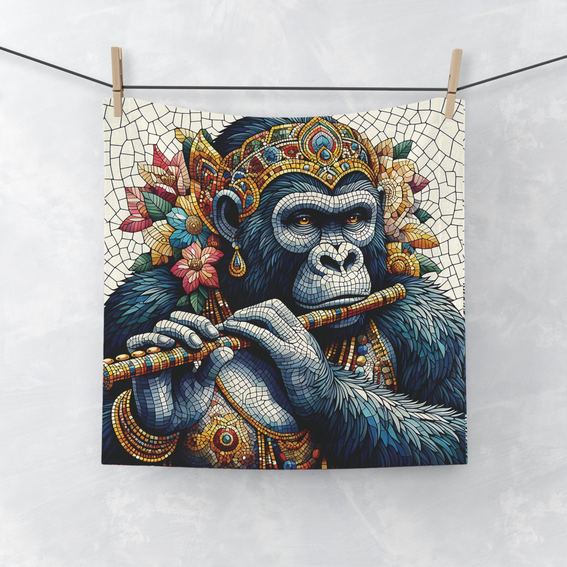 Add a touch of artistic elegance to your bathroom with our mosaic-style face towel of a gorilla playing the flute. This towel combines human musical enjoyment with the majesty of wildlife. Perfect for music and wildlife lovers. A wonderful gift towel. BUY NOW! (SK Superb)