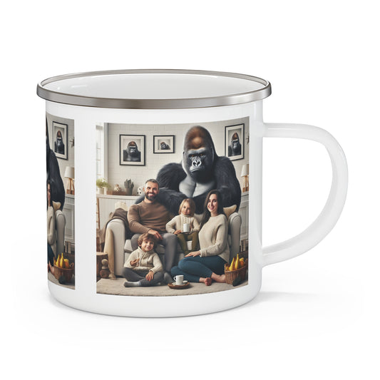 A blend of warmth and adventure with our functional enamel camping mug featuring a gorilla and human family in a cozy home setting. Ideal for outdoor activities, a fun, whimsical mug for camping, hiking, or everyday use. Dishwasher safe for easy cleaning. BUY NOW! (SK Superb)