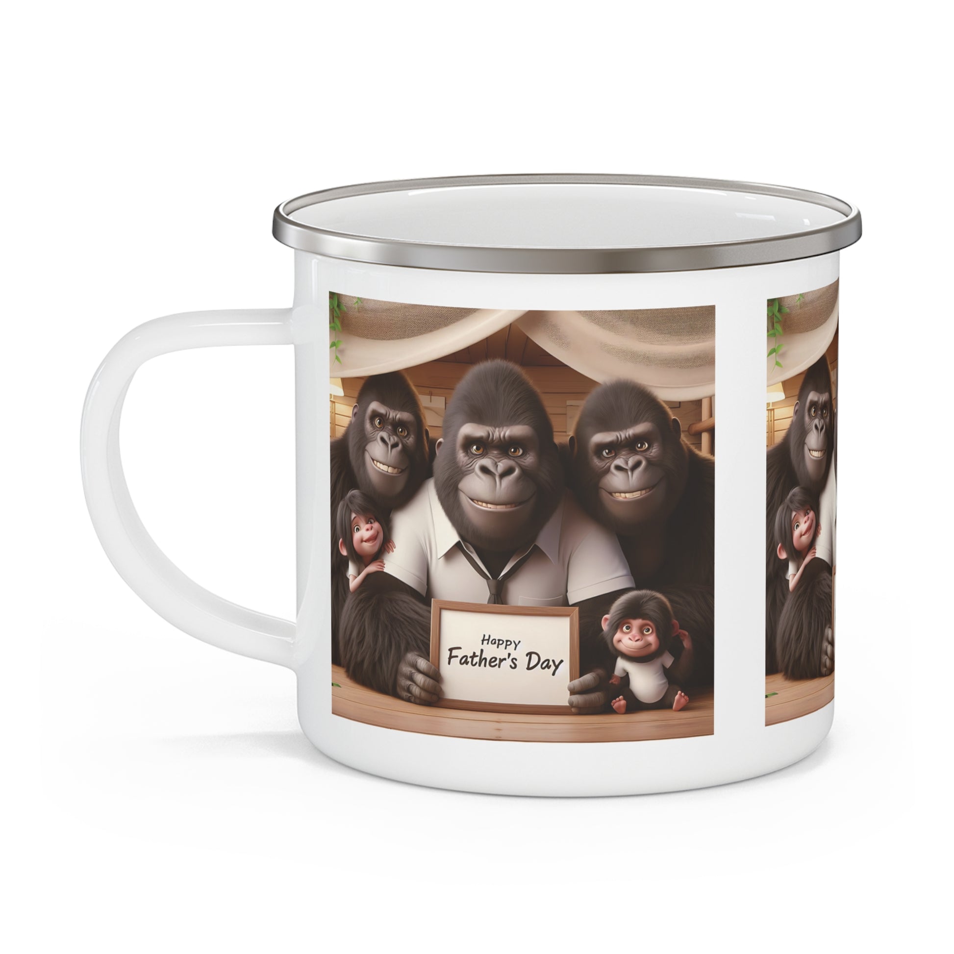 Gorilla Family Father's Day Enamel Camping Mug – Gift for Dads & Outdoor Enthusiasts