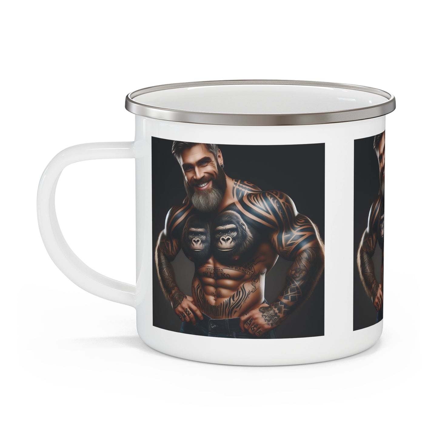 Muscular Bodybuilder Gorilla Tattoos Enamel Camping Mug - Fitness