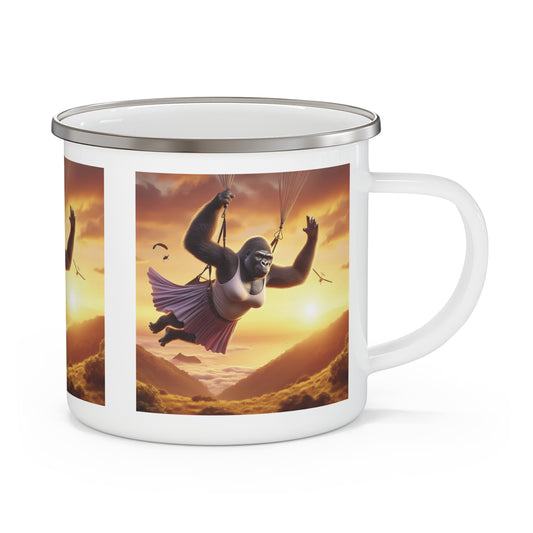 This adventurous enamel mug features a fun design of a female gorilla parachuting at sunset, perfect for women who love skydiving. Ideal for camping, hiking, or enjoying coffee outdoors. A perfect gift for women skydivers, it combines fun, function, and inspiration to chase new heights every day. BUY NOW! (SK Superb)