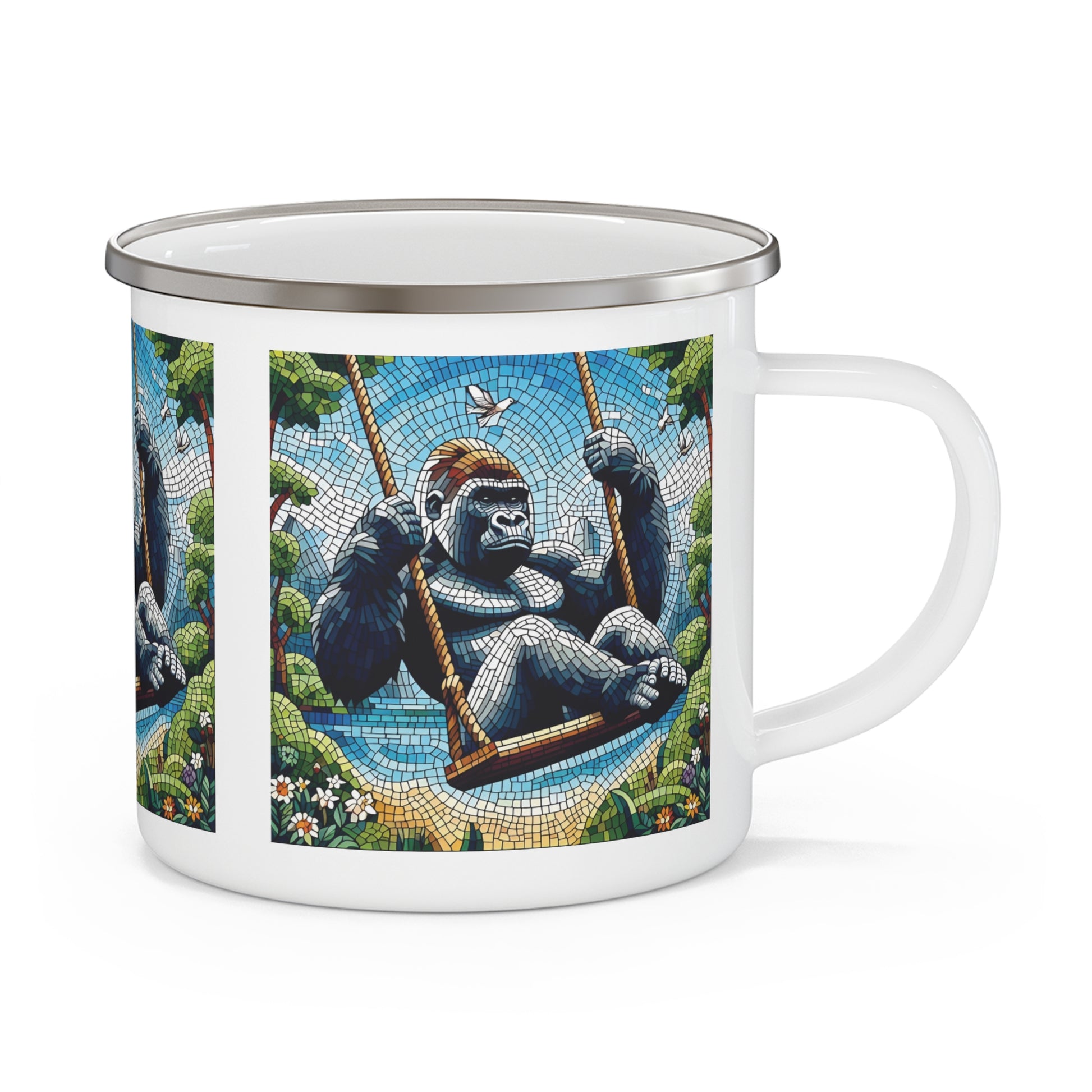 Experience art and functionality with our mosaic design Enamel Camping Mug of a gorilla enjoying a swing outdoors in daylight. Reminiscent of human adults finding joy in outdoor activities. Crafted for outdoor enthusiasts, this mug is ideal for camping, hiking, and travel. BUY NOW! (SK Superb)