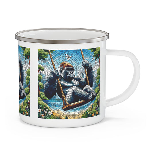 Experience art and functionality with our mosaic design Enamel Camping Mug of a gorilla enjoying a swing outdoors in daylight. Reminiscent of human adults finding joy in outdoor activities. Crafted for outdoor enthusiasts, this mug is ideal for camping, hiking, and travel. BUY NOW! (SK Superb)