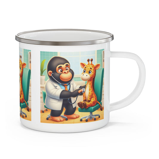 Our fun cartoon-style "Gorilla Doctor & Baby Giraffe Patient" Enamel Camping Mug is perfect for campers, hikers, and nature lovers. Ideal for outdoor adventures or as a unique gift for animal lovers and outdoor enthusiasts. BUY NOW! (SK Superb)