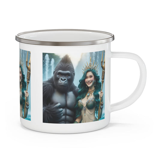 Experience the mystical ocean with our vibrant artwork enamel mug of a gorilla and a mermaid queen. Perfect for camping, hiking, or daily use. Ideal for outdoor, nature, adventure and fantasy lovers. Enjoy your favorite beverage in style with this enchanting mug. Great gift or personal use. BUY NOW! (SK Superb)