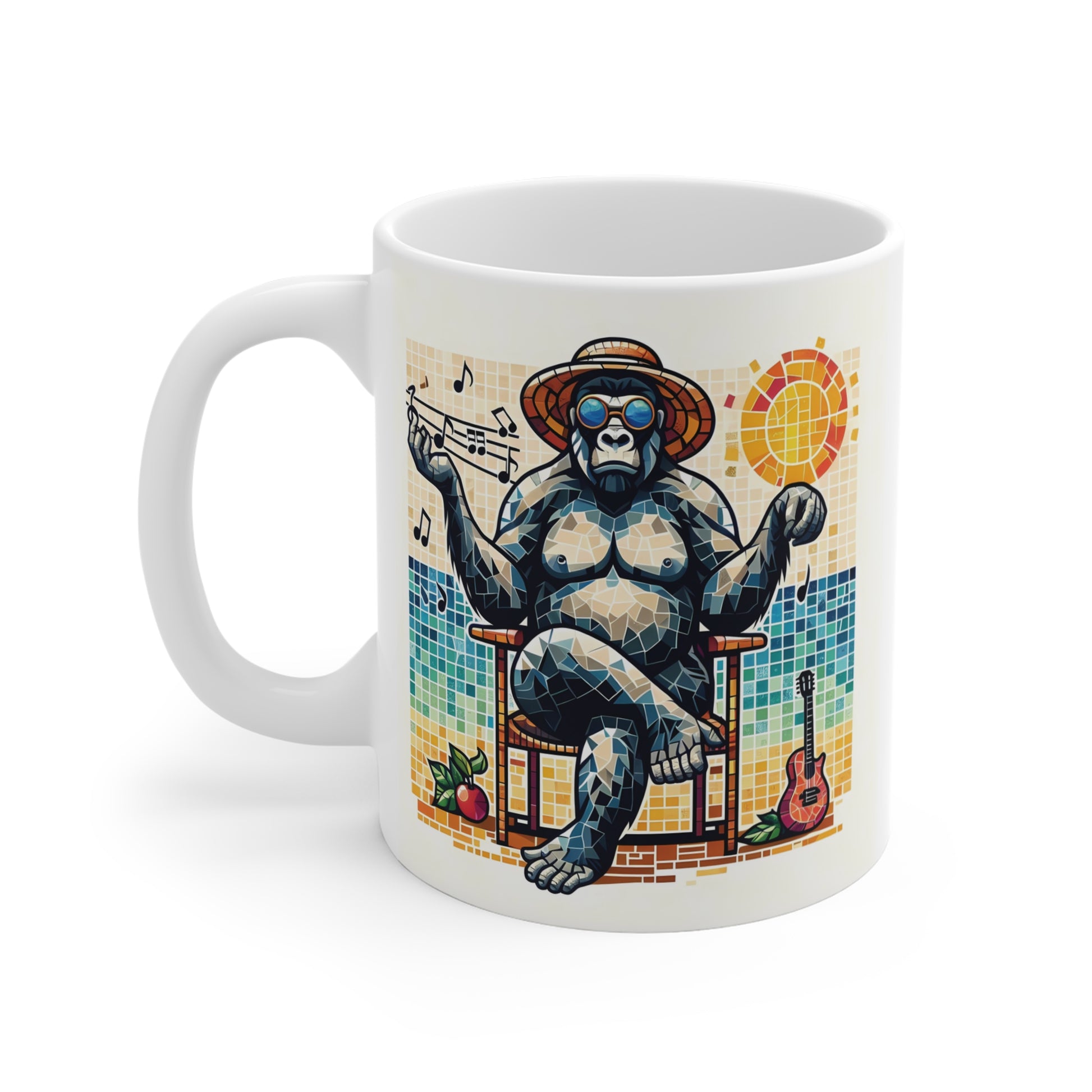 Mosaic Style Chill Gorilla 11oz Mug - Tropical Beach Vibes with Musical Notes