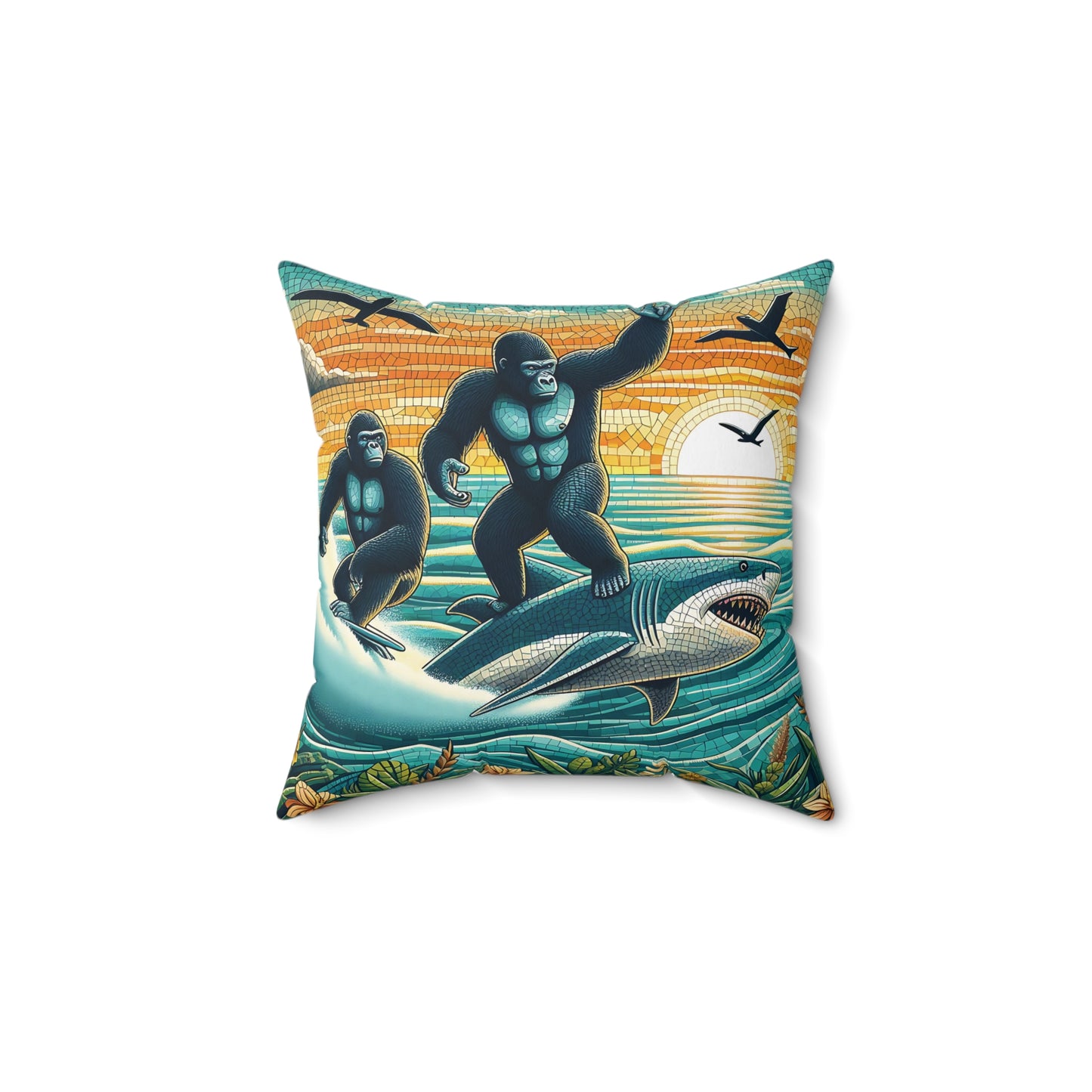 Dive into the ultimate oceanic escapade with our Mosaic Gorilla Surfing Adventure Pillow. Add fun and excitement with two adventurous gorillas catching waves alongside a majestic shark. This pillow is a must-have for surf enthusiasts and animal lovers. BUY NOW! (SK Superb)