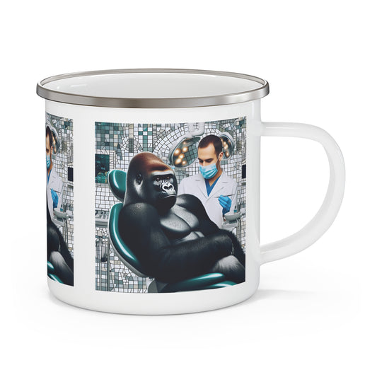 Add a touch of whimsy and humor to your camping gear with our Gorilla at the Dentist Enamel Camping Mug. A mosaic-style design, this cute mug detailed artwork is ideal as a gift for animal lovers, dental professionals. A practical mug for your camping trip or outdoor event. BUY NOW! (SK Superb)