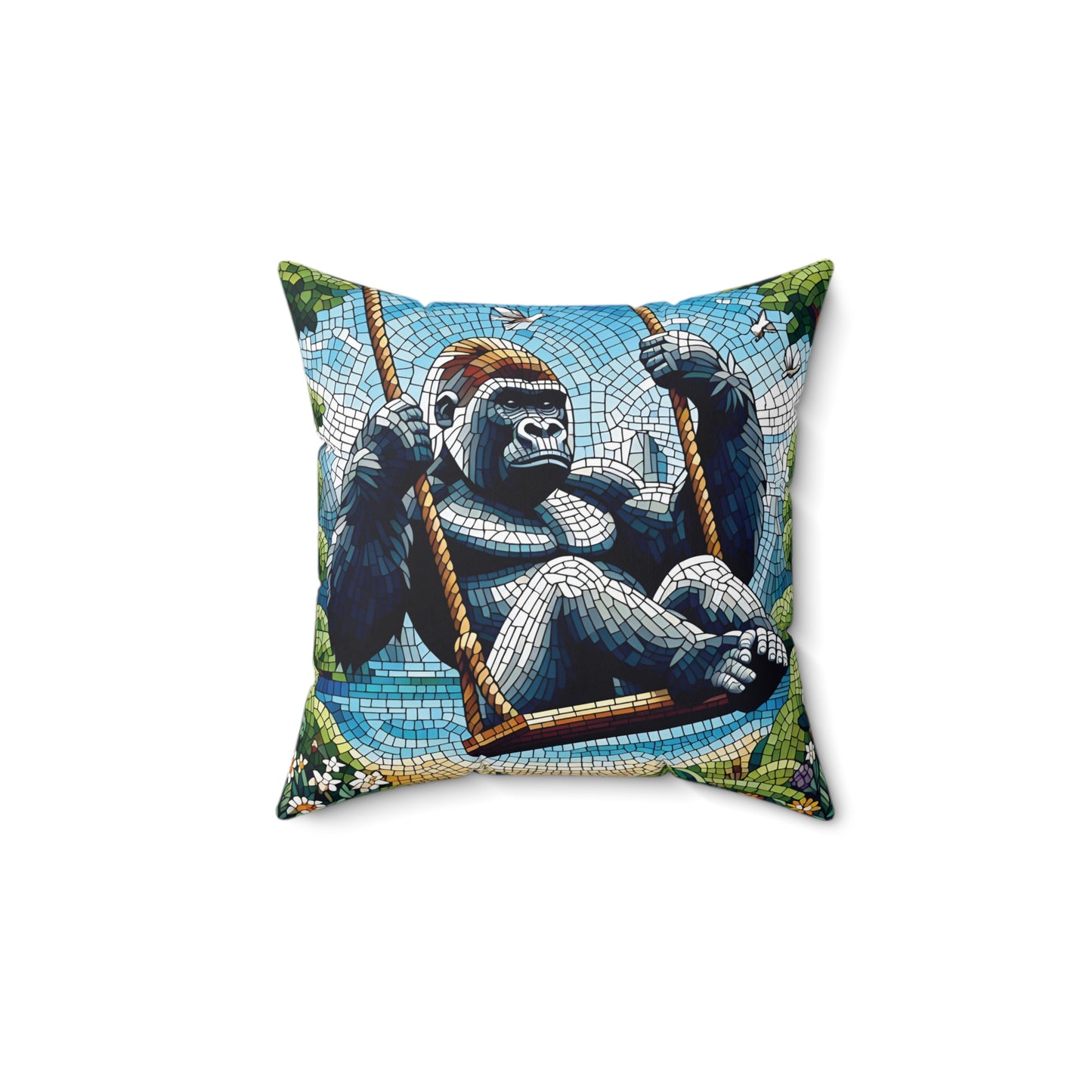 Bring a touch of whimsy and artistry to your home with the Swinging Gorilla Mosaic Pillow. A playful yet sophisticated design of a gorilla enjoying a swing ride, just like us children. Elevate your decor with this captivating piece. GET YOURS TODAY and swing into style! (SK Superb)